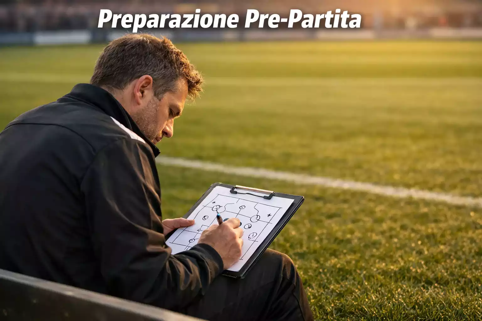 Allenatore che studia appunti tattici su un blocco note a bordo campo con erba naturale