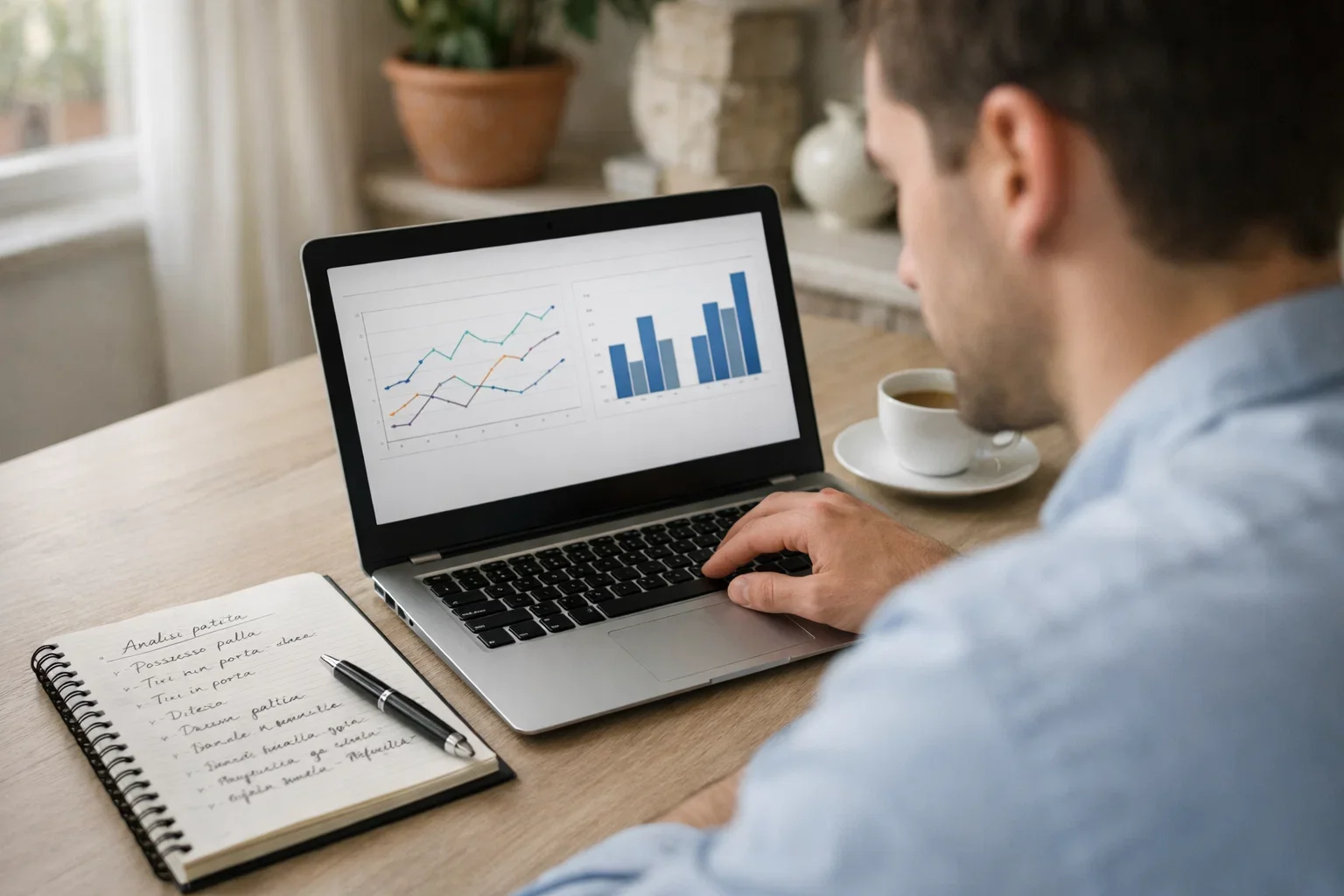 Persona che studia statistiche di calcio su laptop con appunti e grafici