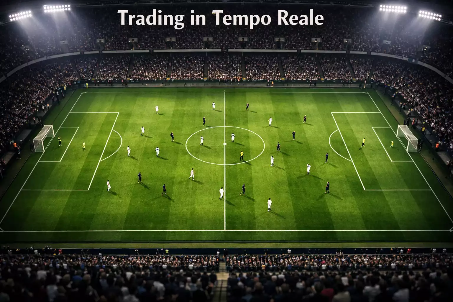 Panoramica di uno stadio di calcio pieno con campo in erba visto dall'alto delle tribune