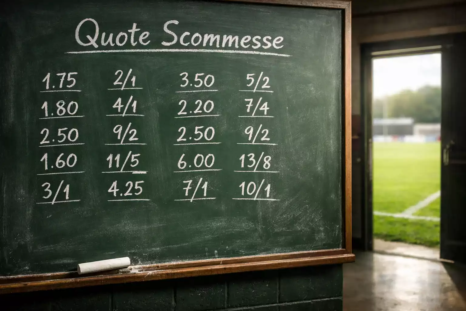 Lavagna con numeri e frazioni scritti a gesso in uno spogliatoio di calcio con campo in erba visibile