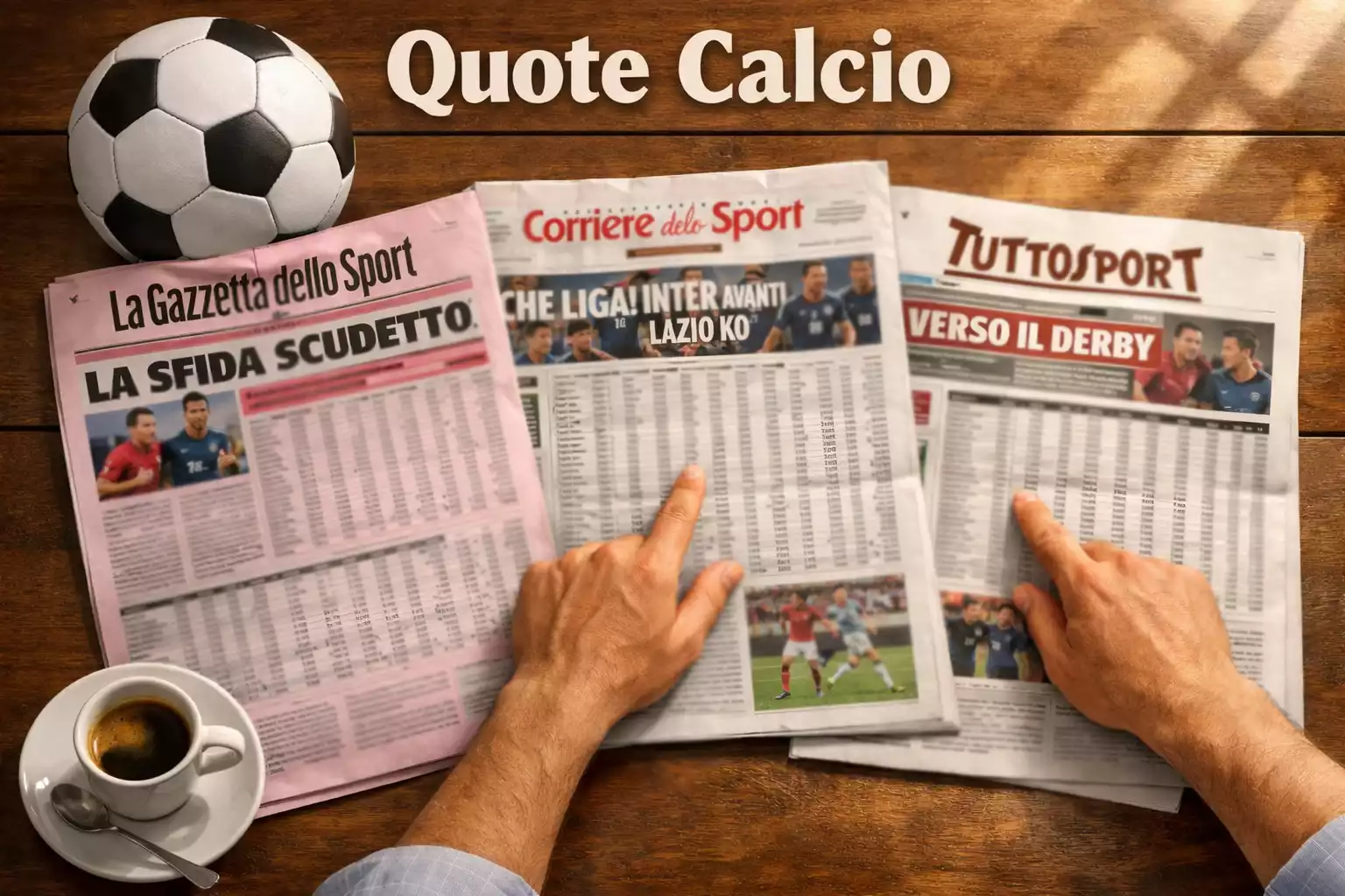 Persona che confronta diversi giornali sportivi aperti su un tavolo con un pallone da calcio