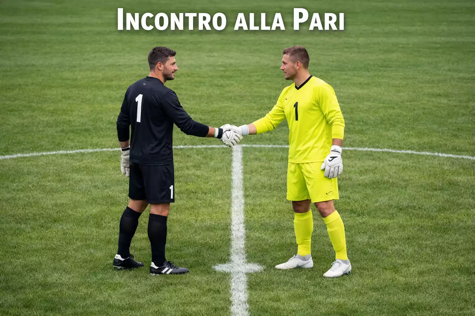 Due portieri di calcio che si stringono la mano a centrocampo su un campo in erba naturale