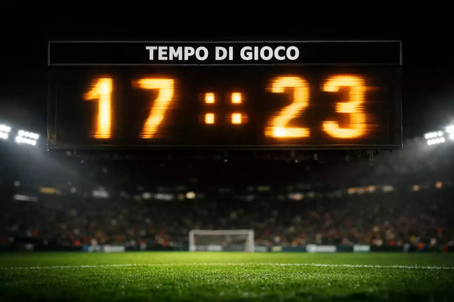 Tabellone luminoso di uno stadio di calcio con numeri che cambiano durante una partita serale