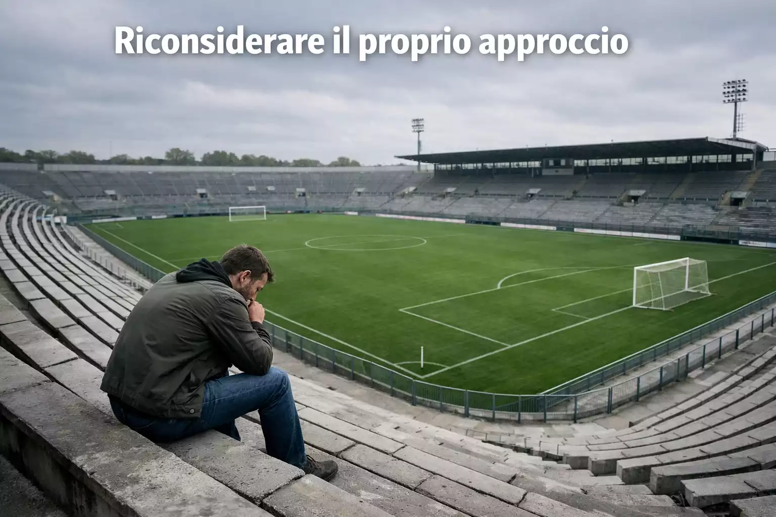 Scommettitore pensieroso seduto sugli spalti vuoti di uno stadio di calcio con campo in erba