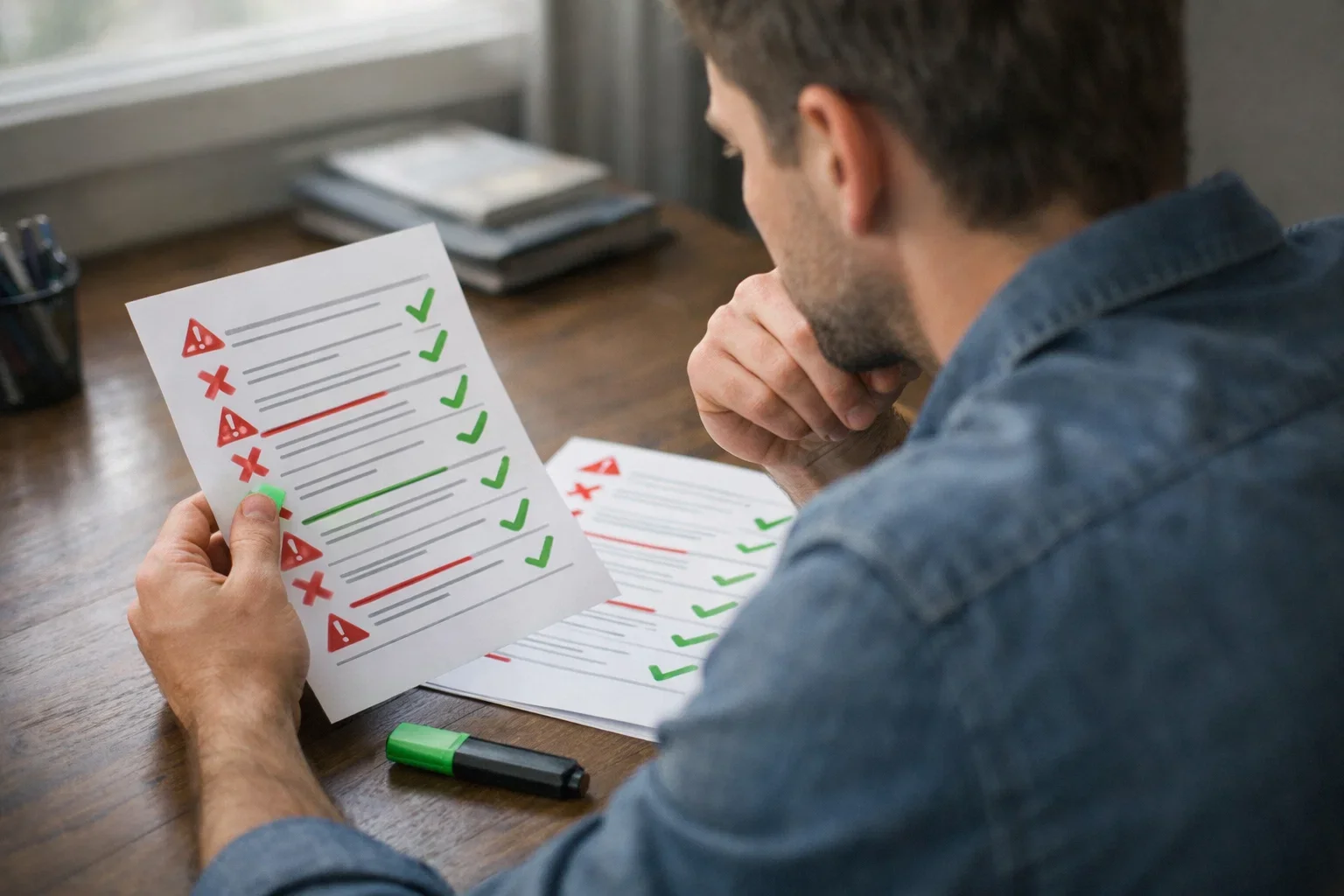 Persona pensierosa davanti a documenti con segni di attenzione e checklist