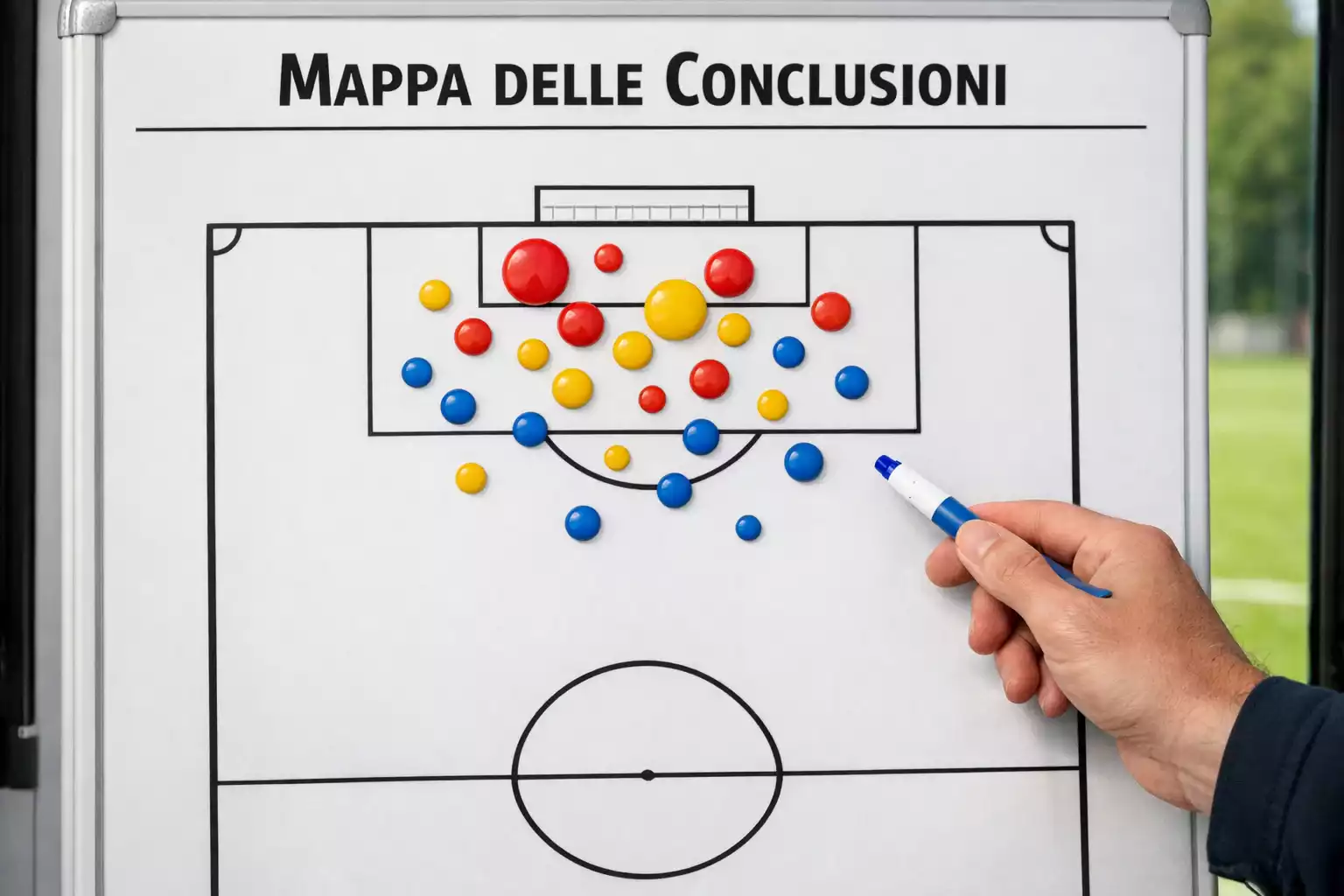 Mappa di tiri verso la porta disegnata su una lavagna tattica con campo da calcio in erba sullo sfondo