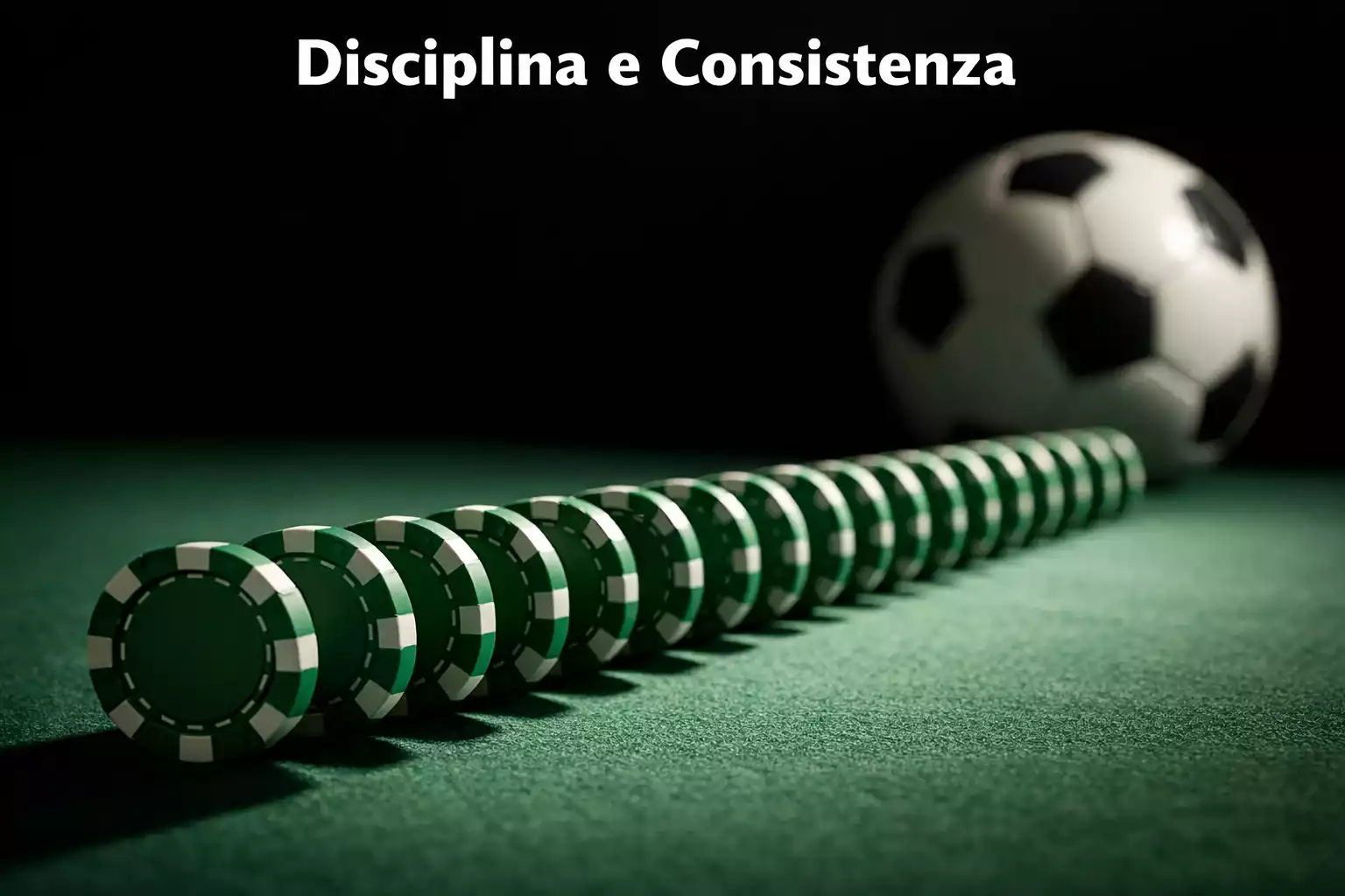 Fila ordinata di fiches tutte uguali su un tavolo verde con un pallone da calcio sullo sfondo