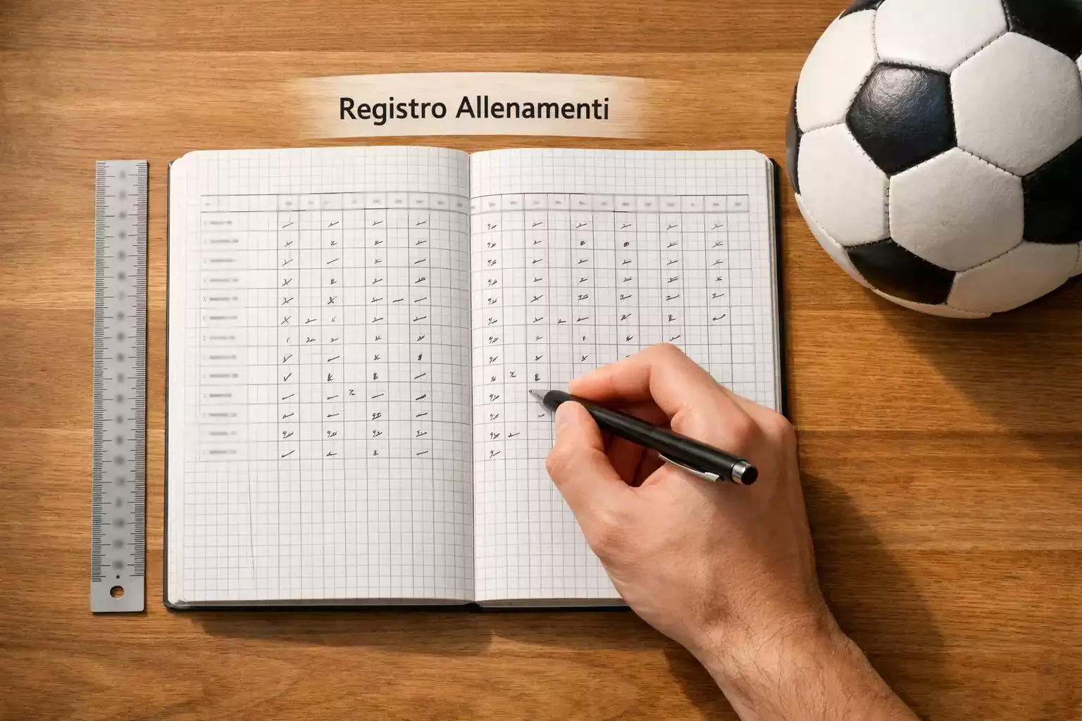 Mano che scrive dati su un foglio di carta a quadretti con righe e colonne ordinate accanto a un pallone da calcio