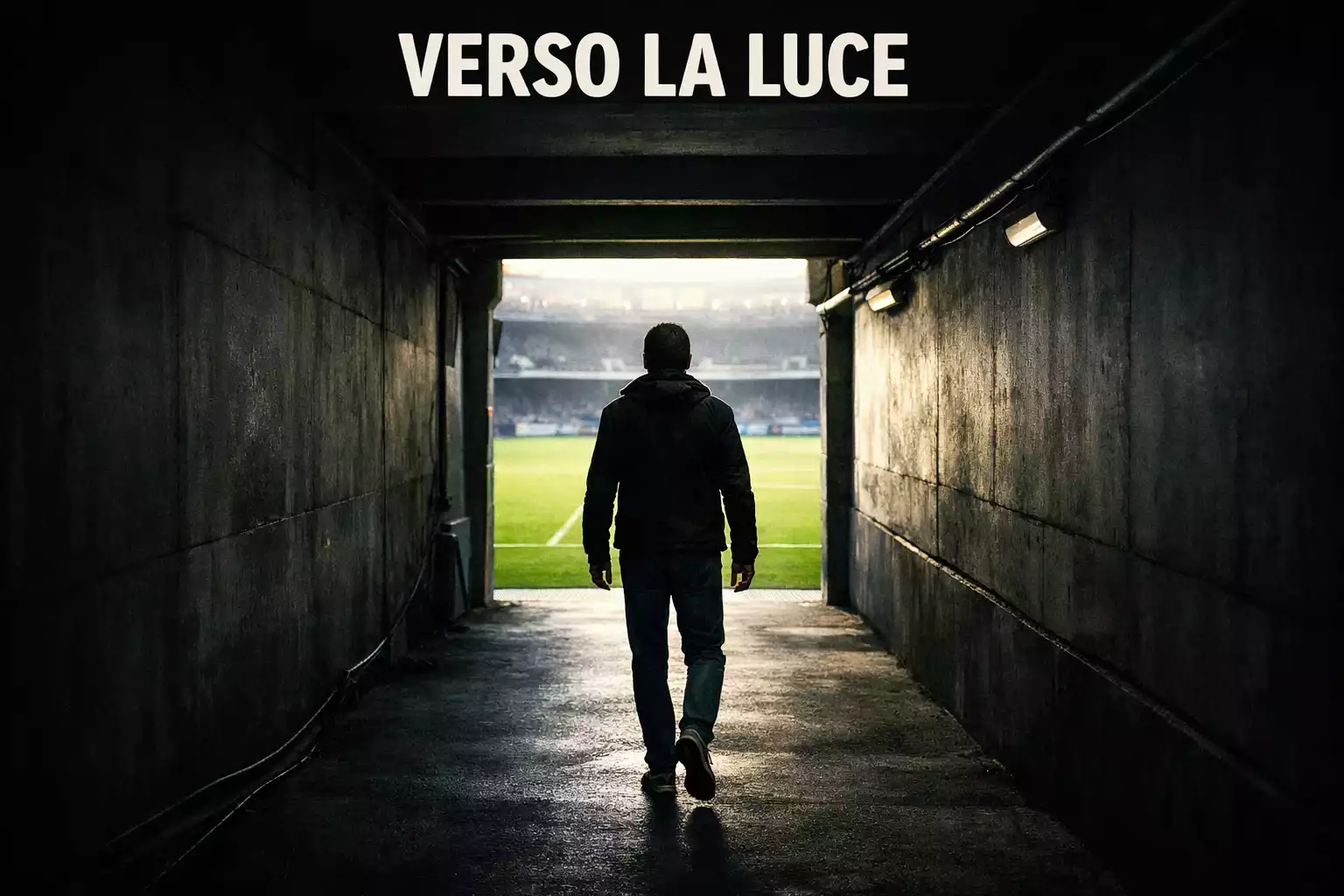 Persona che cammina lungo il corridoio vuoto di uno stadio di calcio verso la luce del campo in erba