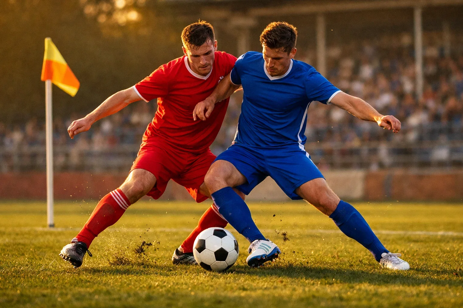 Giocatori di calcio in campo durante una partita con pubblico sullo sfondo