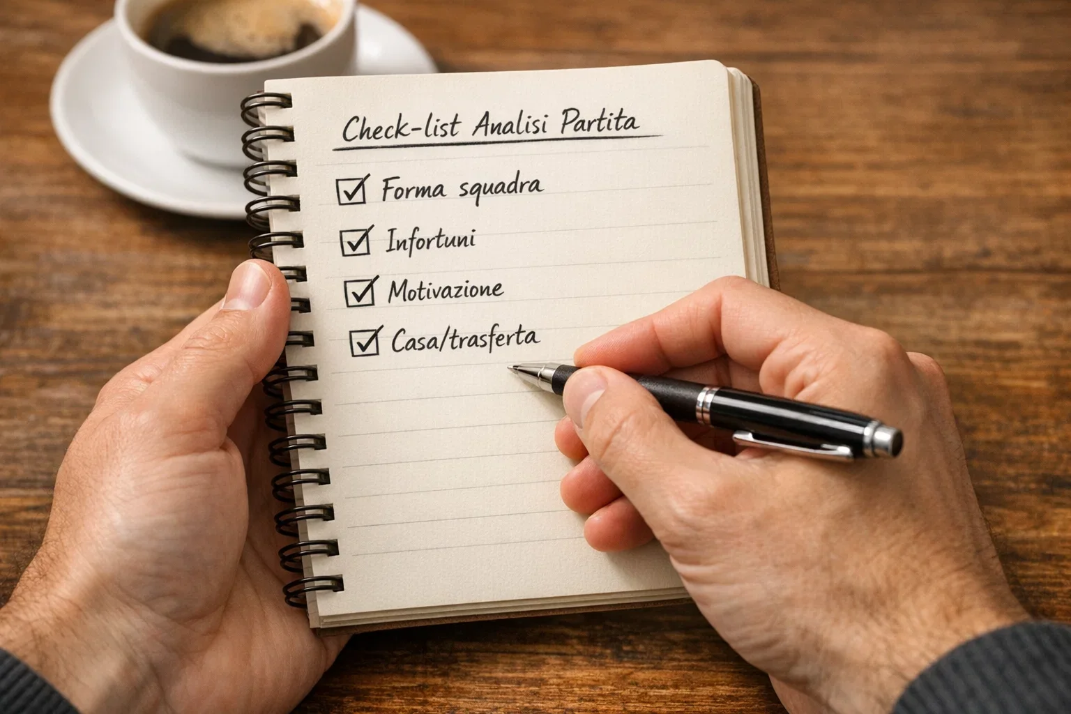 Persona che compila una checklist di analisi partita su blocco note
