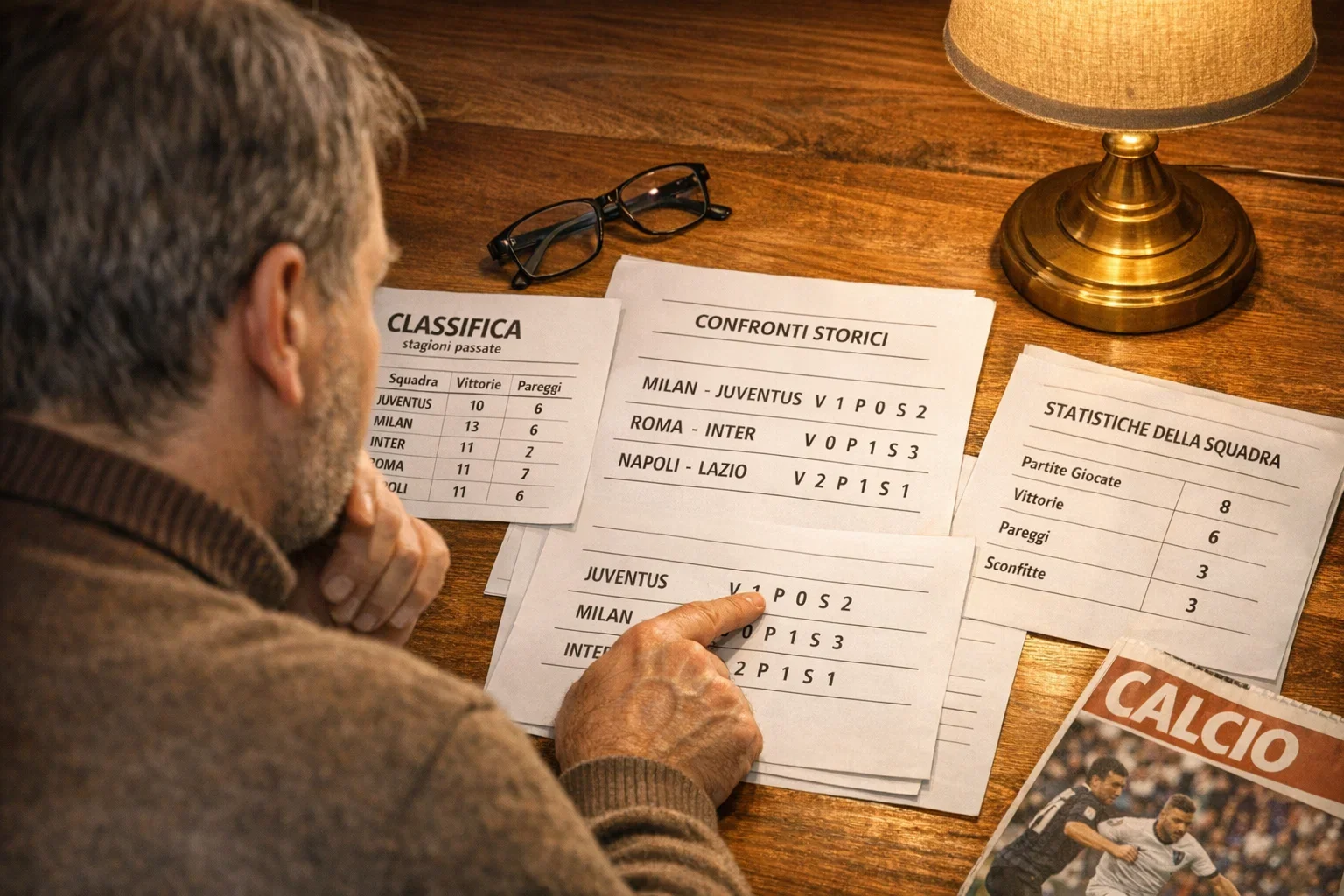 Analista che studia dati storici delle squadre su documenti