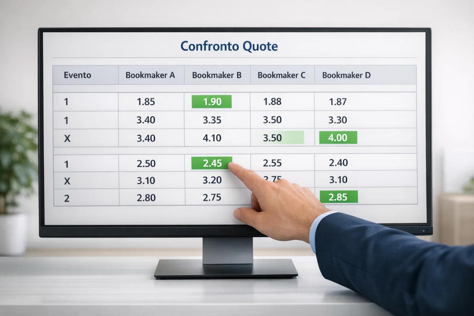 Interfaccia di comparatore quote con diverse offerte bookmaker