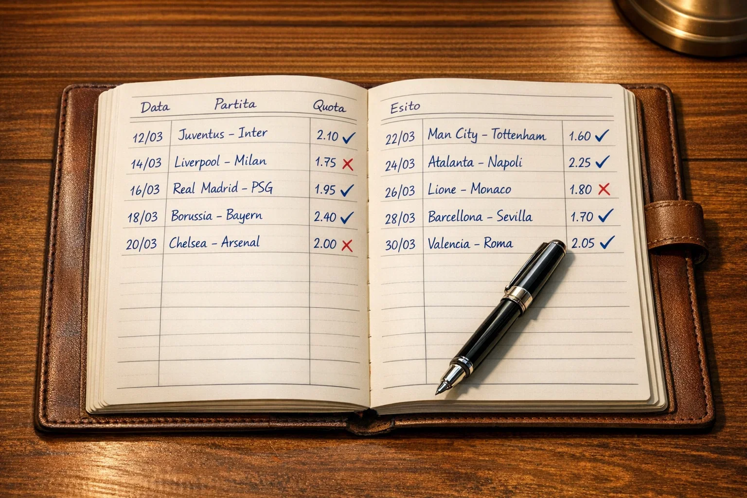 Registro scritto a mano con tracciamento scommesse e risultati