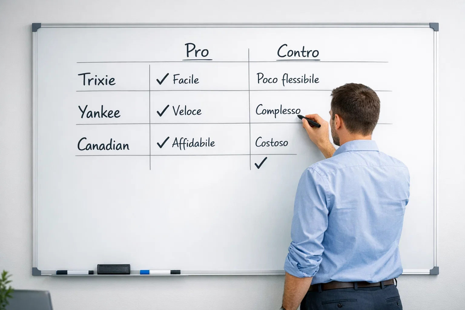Persona che valuta opzioni diverse con pro e contro su lavagna