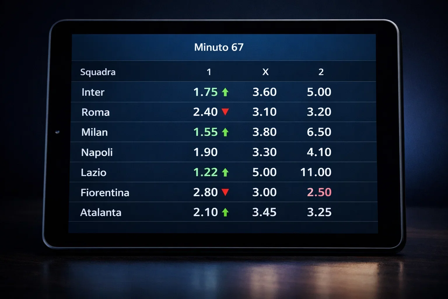 Schermo con quote che cambiano in tempo reale durante partita