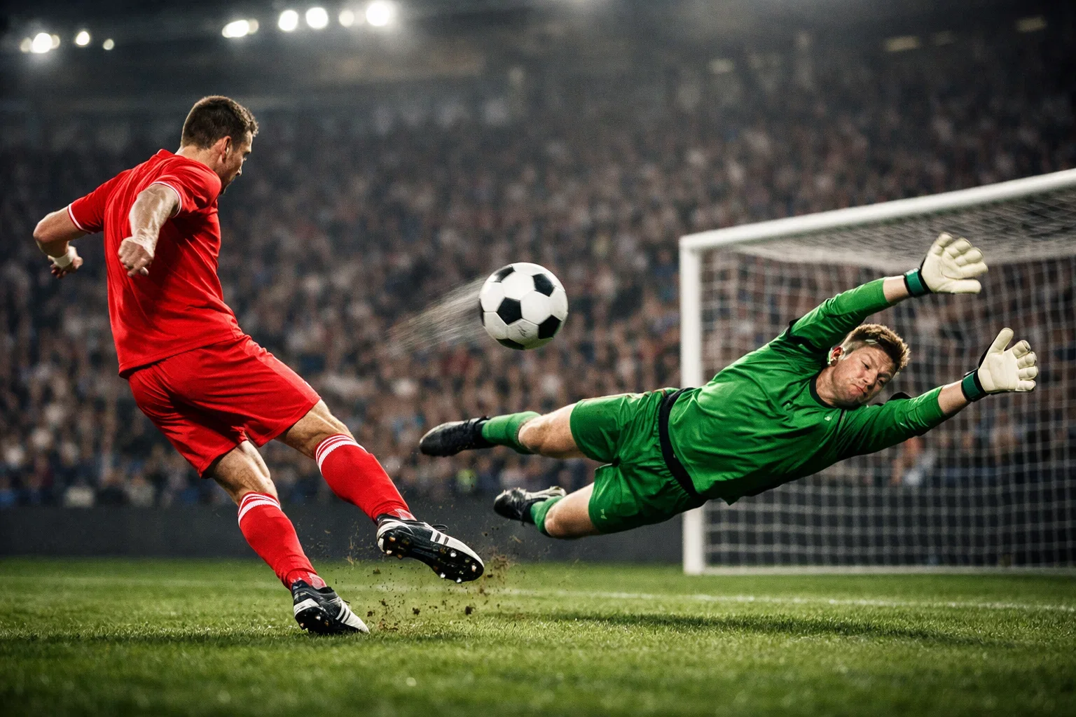 Azione di gioco calcistico con attaccante che tira verso la porta