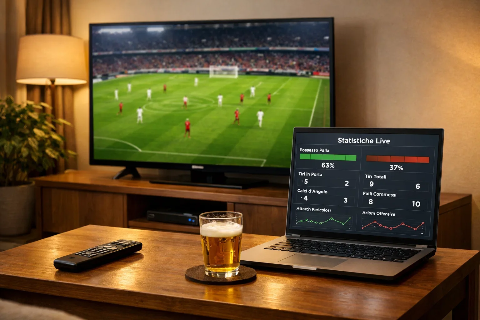 Setup con TV che mostra partita e laptop con statistiche live