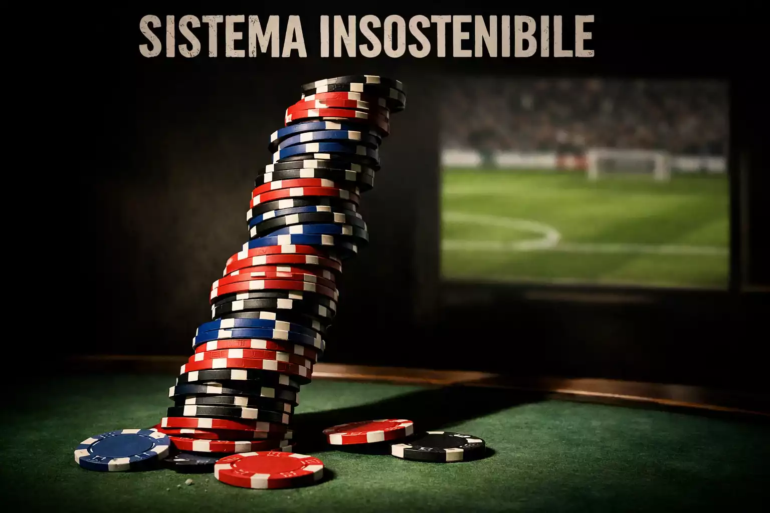 Torre instabile di fiches impilate che sta per crollare su un tavolo con un campo da calcio sullo sfondo