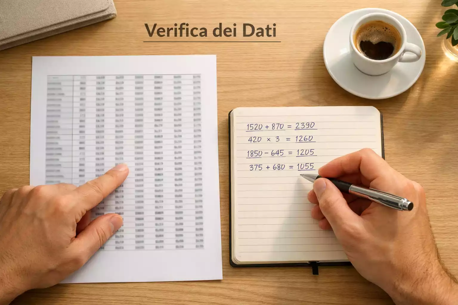 Due mani che tengono fogli con tabelle di numeri affiancati su un tavolo con pallone da calcio