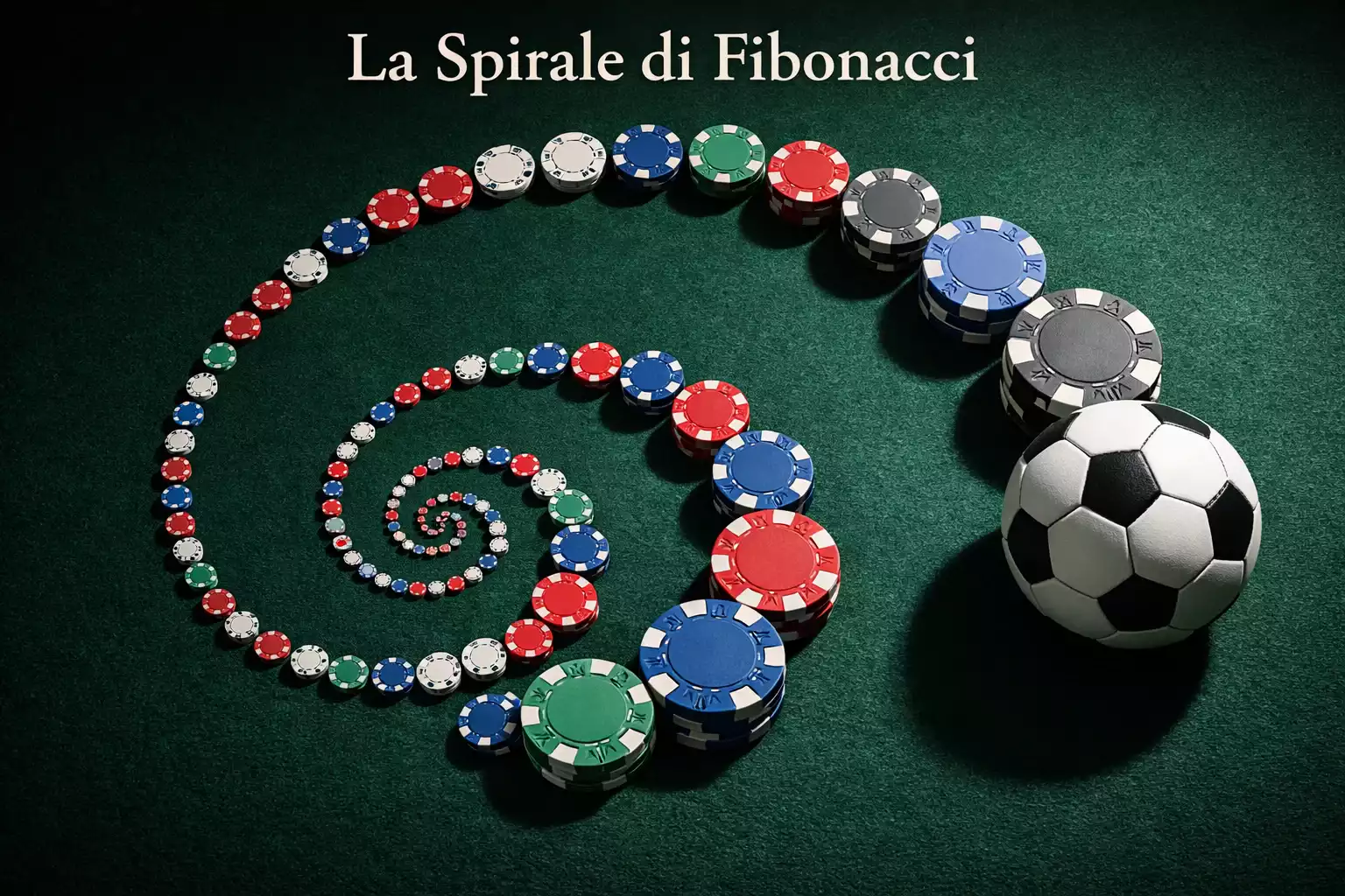 Spirale di fiches da gioco disposte su un tavolo verde seguendo una curva con un pallone da calcio accanto