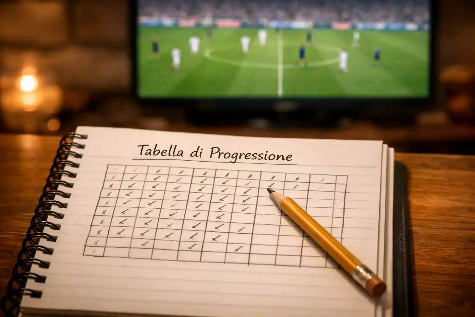 Tabella scritta a mano su un blocco note con una partita di calcio su campo in erba sullo sfondo