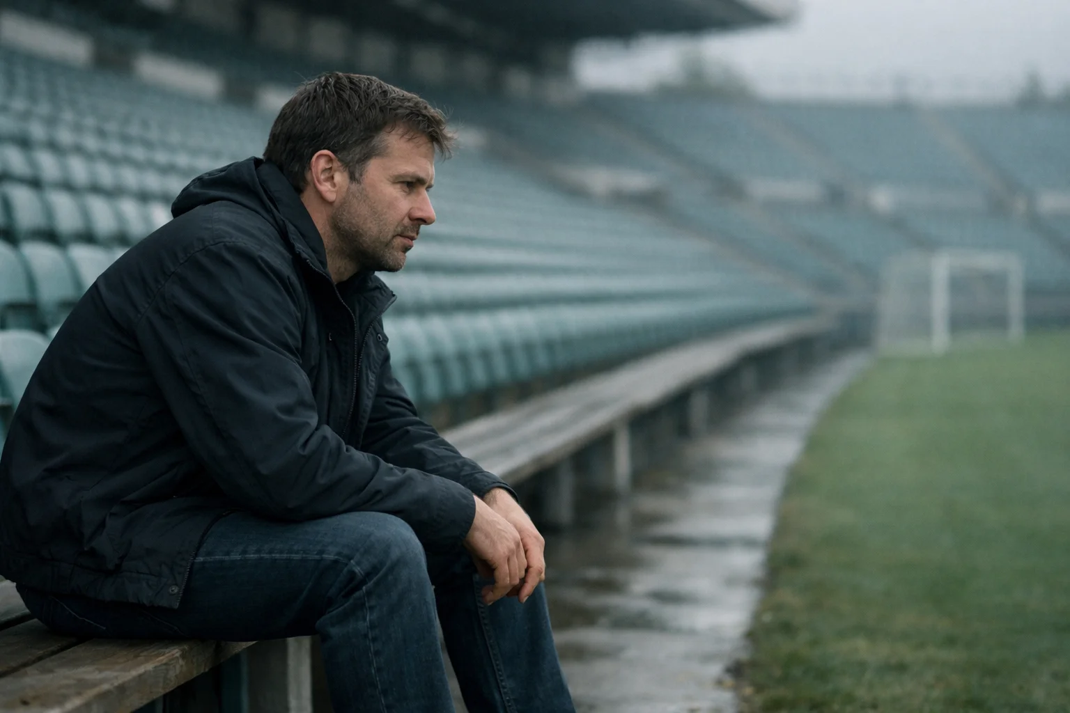 Uomo pensieroso seduto da solo su una panchina di uno stadio di calcio vuoto con campo in erba