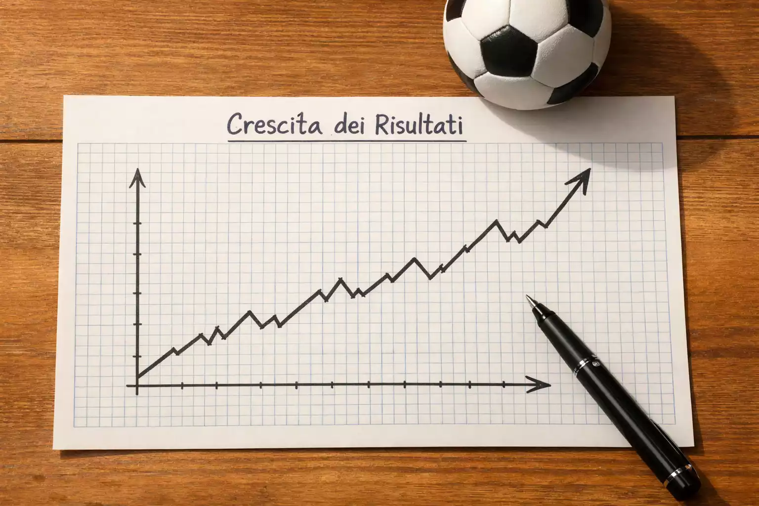 Grafico a linea disegnato a mano su carta millimetrata con una penna accanto e un pallone da calcio sul tavolo