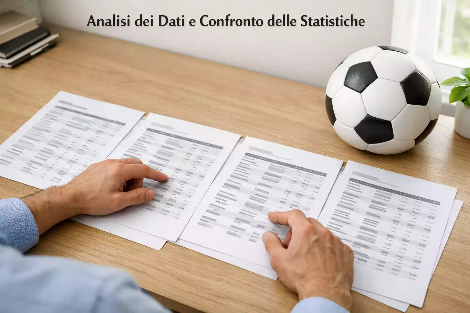 Persona che confronta diversi documenti su una scrivania ordinata con un pallone da calcio sul tavolo