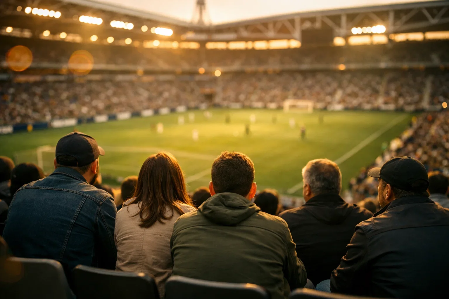 Tifosi che guardano una partita di calcio allo stadio con atmosfera serale