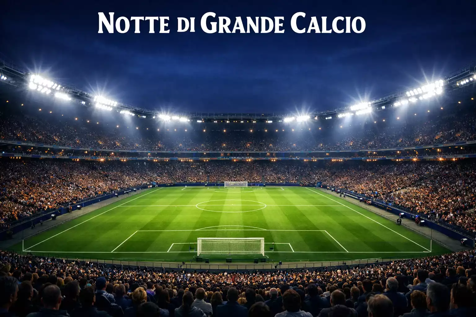 Stadio di calcio illuminato per una partita serale europea con campo in erba verde e riflettori accesi