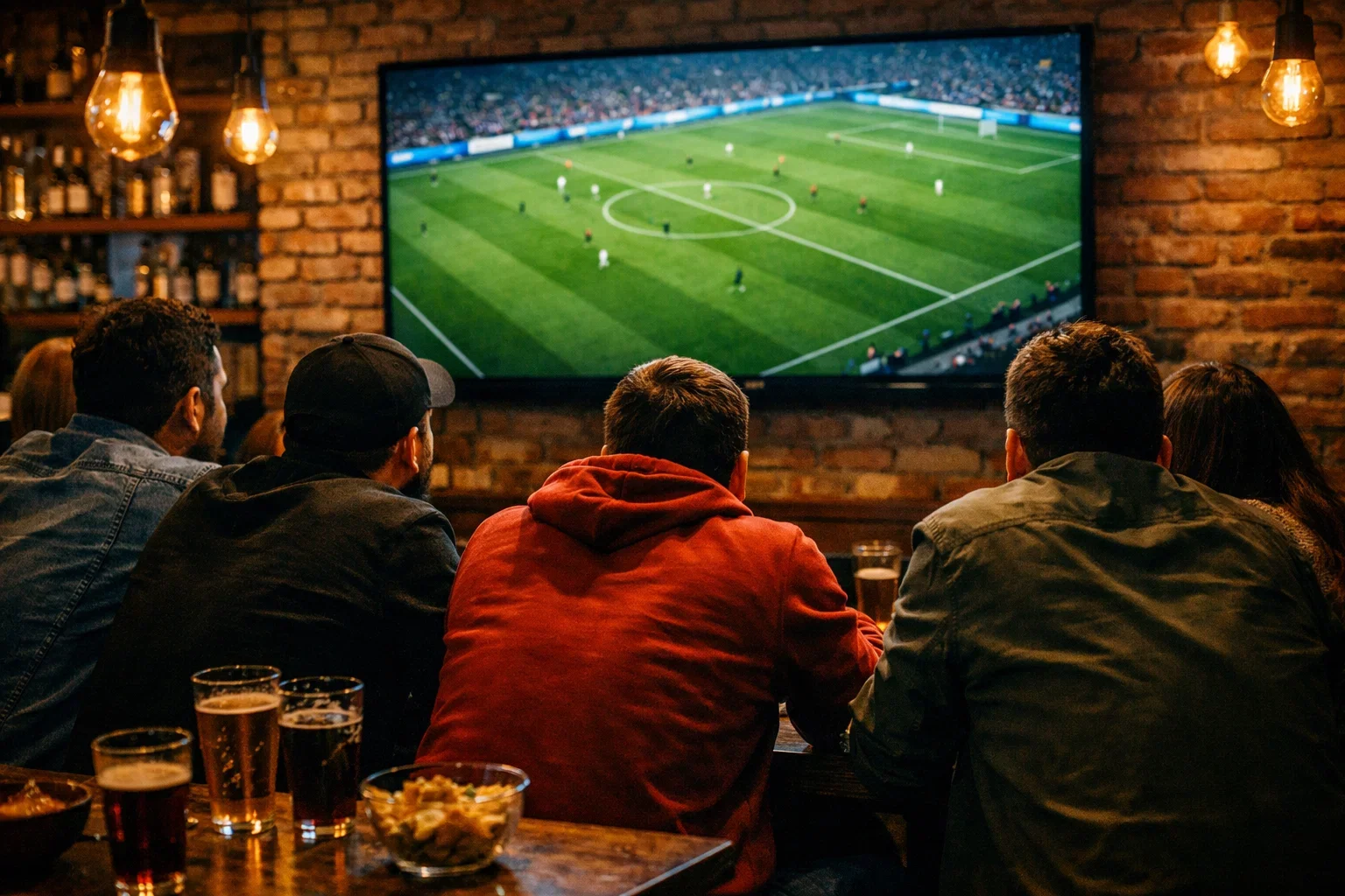 Tifosi concentrati che guardano partita di calcio su grande schermo in un locale