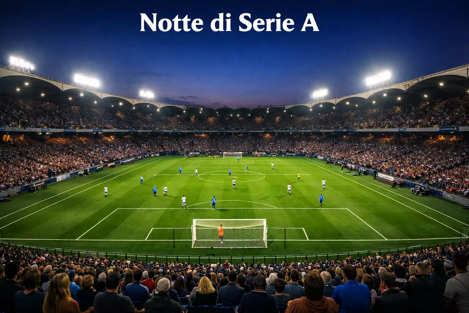 Veduta di uno stadio italiano di Serie A con campo in erba naturale e tribune durante una partita serale