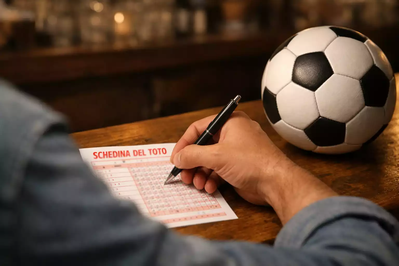 Mano che compila una schedina cartacea su un tavolo con un pallone da calcio accanto
