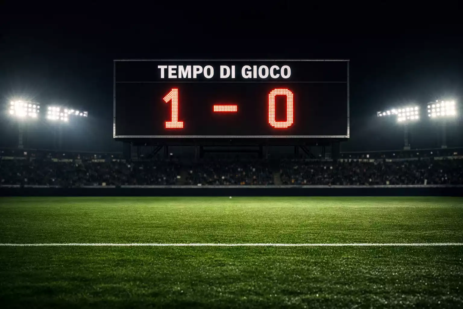 Tabellone segnapunti di uno stadio di calcio con campo in erba naturale e tribune sullo sfondo