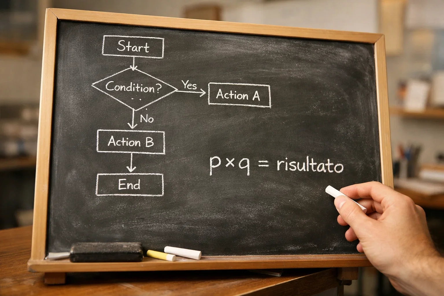 Lavagna con formule matematiche semplici e diagramma di flusso per decisioni