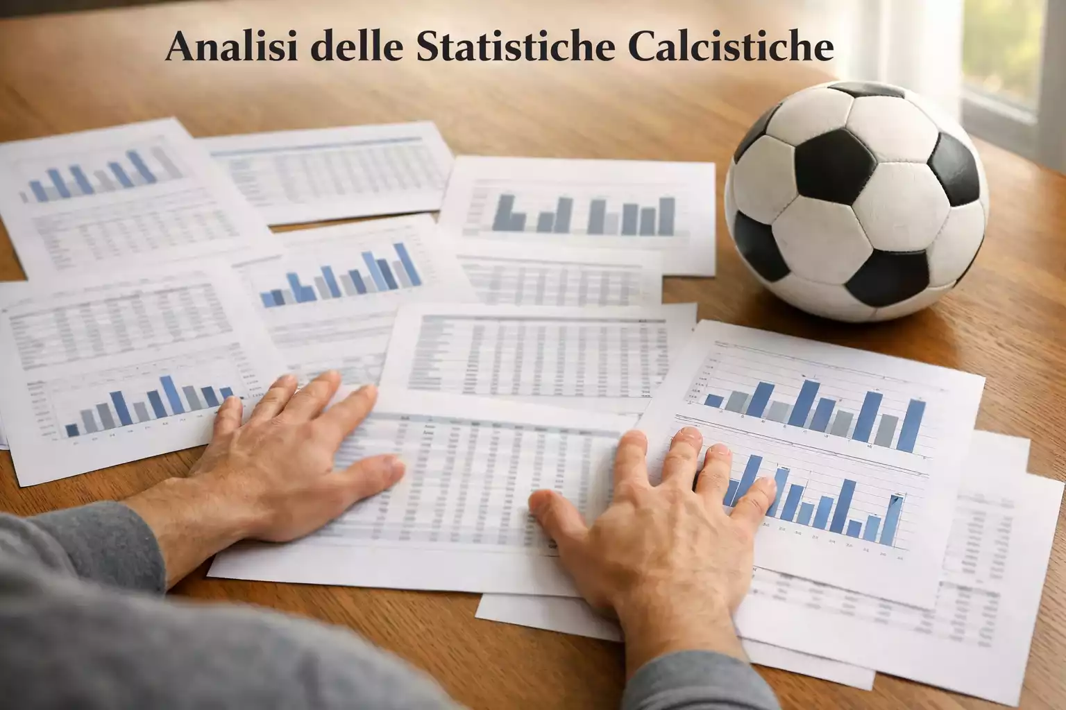 Scommettitore che analizza statistiche di calcio su fogli di carta con un pallone da calcio sul tavolo